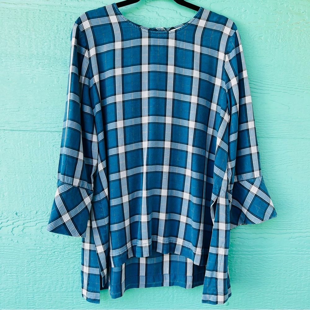 J.Jill Denim Blue Plaid TENCEL Tunic Top Bell Sleeves MOP Buttons SIZE LARGE